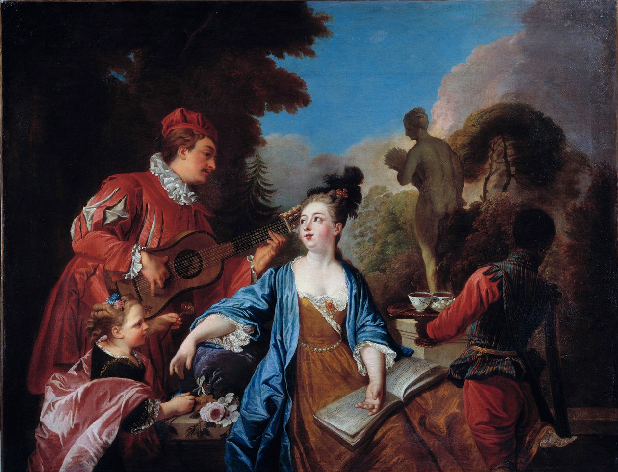 smag den i en park Unge af adelen får serveret teen i haven af en ung sort tjener. Maleri af den franske skole. 1700-tallet. Søn 1,71x1,32 m Rouen, musee des Beaux Arts af French School
