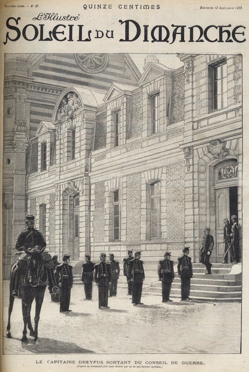 Dreyfus-sagen - Kaptajnen Alfred Dreyfus går ud af krigsrådet - Dreyfus-sagen - Proces de Rennes - Alfred Dreyfus forlader krigsrådet (1899) - "Le soleil du diamanche"" fra 1899 af French School