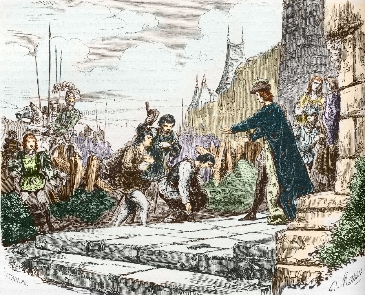 delfinen Ludvig (dengang Ludvig XI), hertugen Johannes II af Alencon og hertugen Karl I af Bourbon beder kong Karl VII om tilgivelse af French School