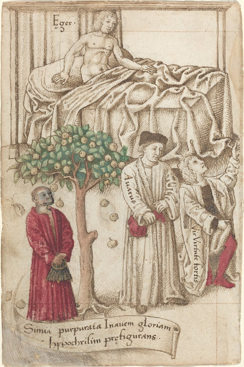 En abe i lilla med en syg mand, en god mand og en gnier [fol. 36 verso] af French early 16th Century