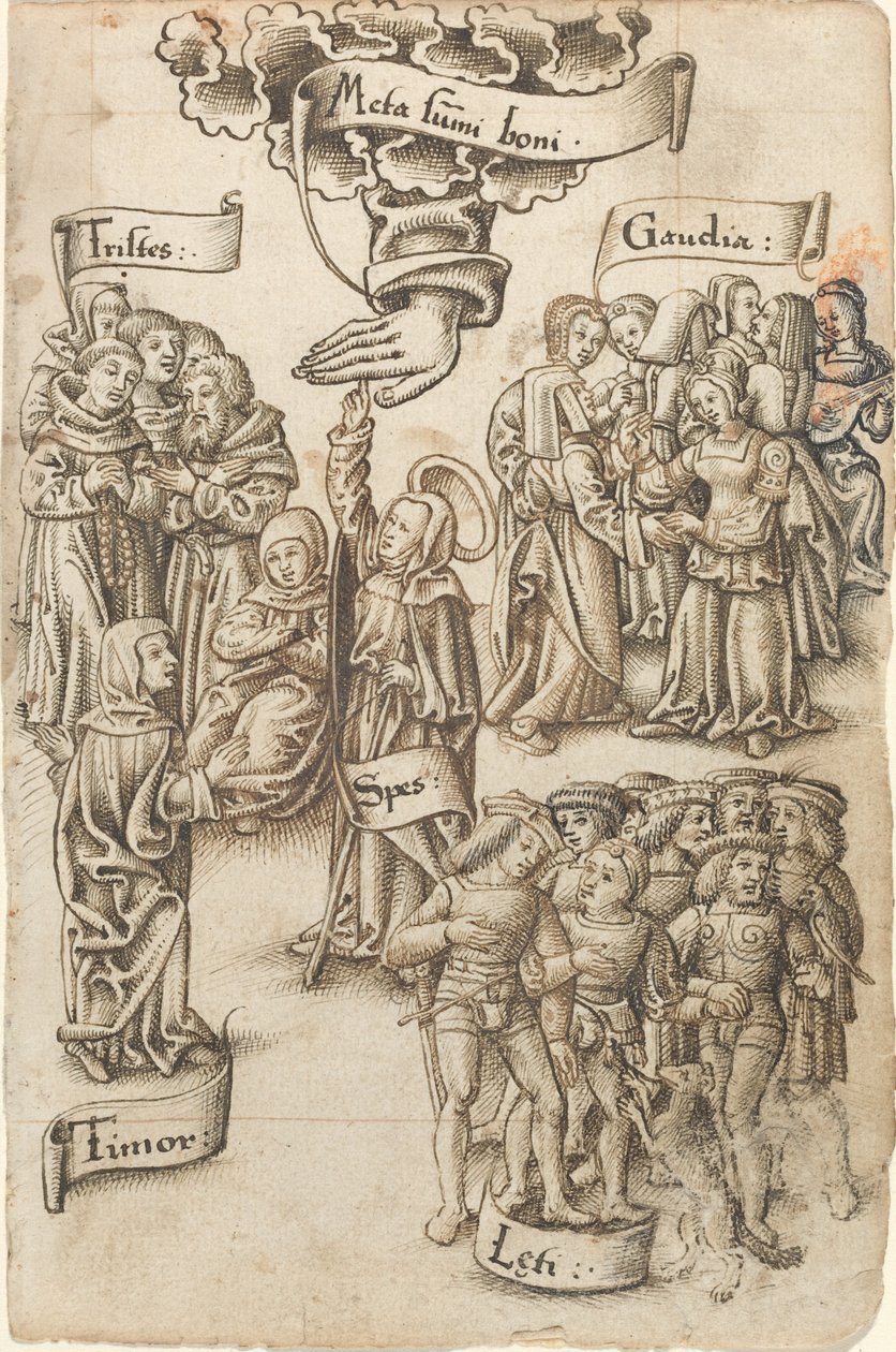 Håb, der rækker til himlen, står blandt triste og glade mænd, glæder og frygt [fol. 19 recto] af French early 16th Century