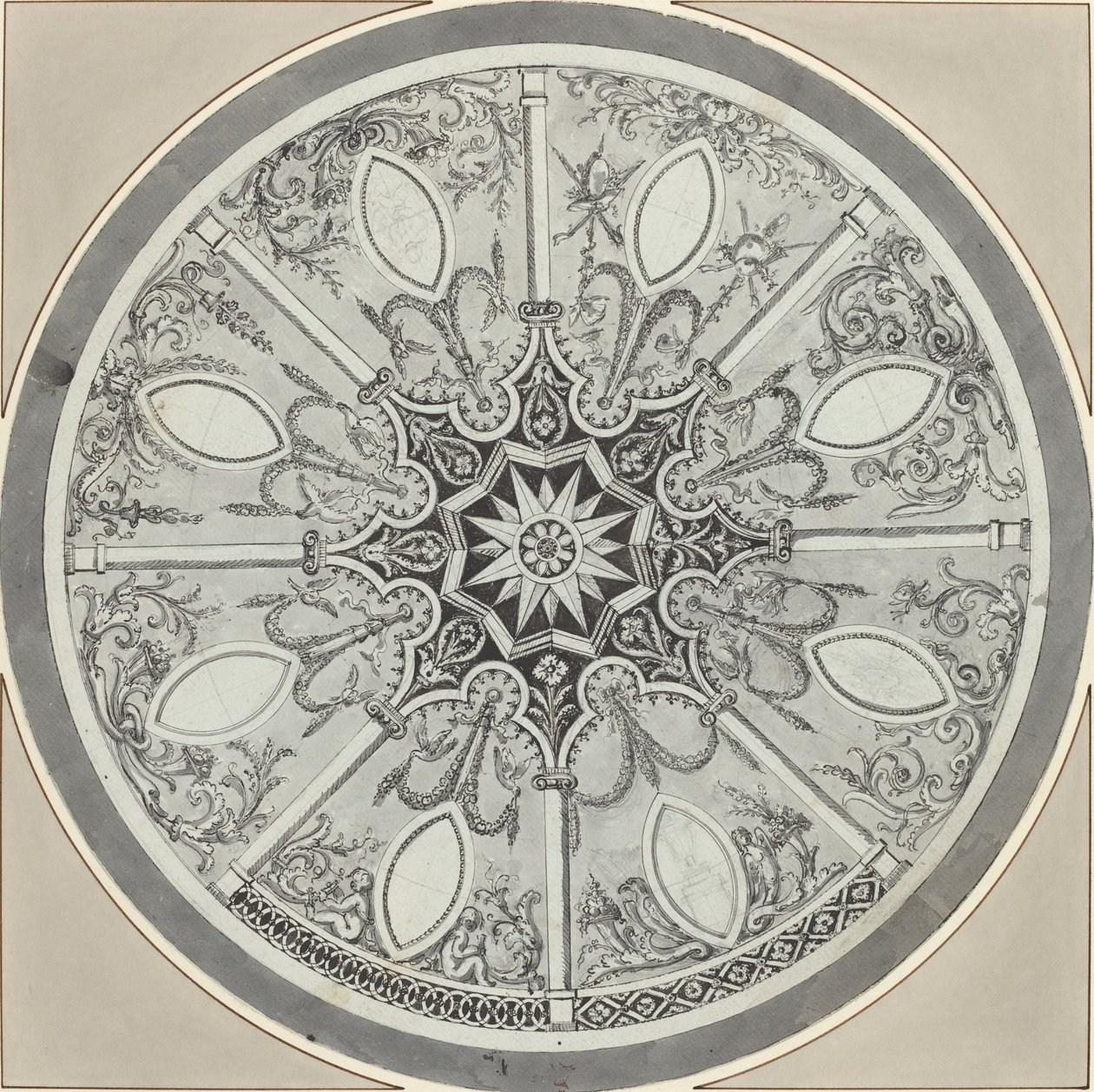 Design til en indlagt cirkulær bordplade med alternativer af French or Italian 18th Century