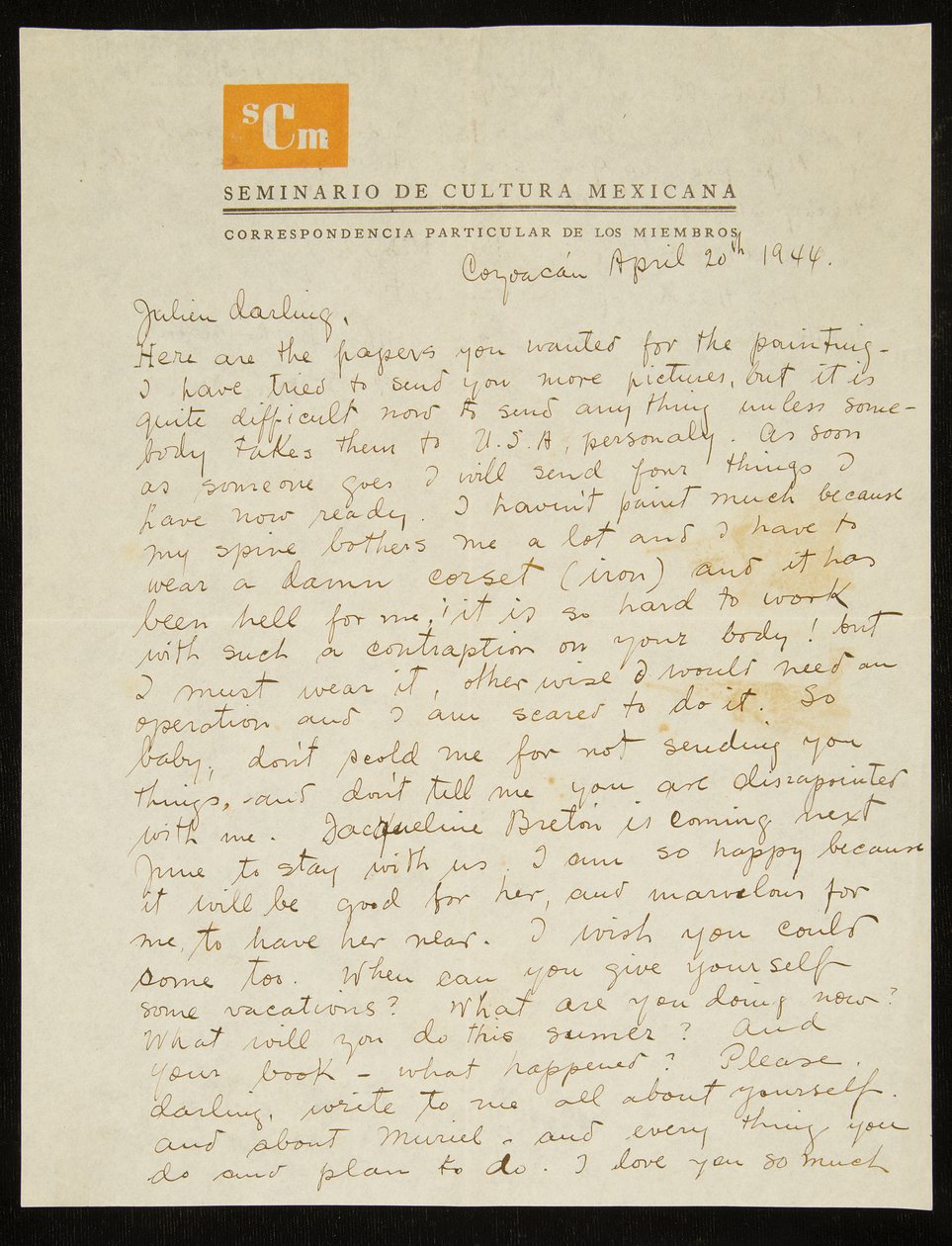 Brev fra Frida Kahlo til Julien Levy, på engelsk, 20. april 1944 (pen og blæk på papir) af Frida Kahlo