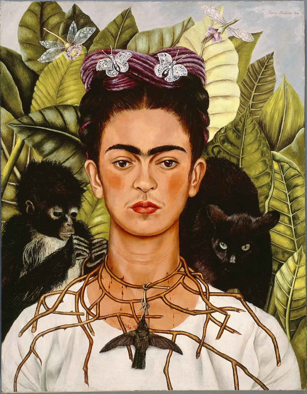 Selvportræt med tjørnehalskæde og kolibri af Frida Kahlo