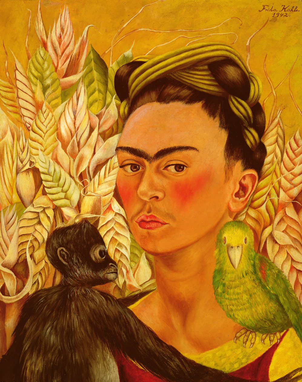Selvportræt med abe og papegøje af Frida Kahlo