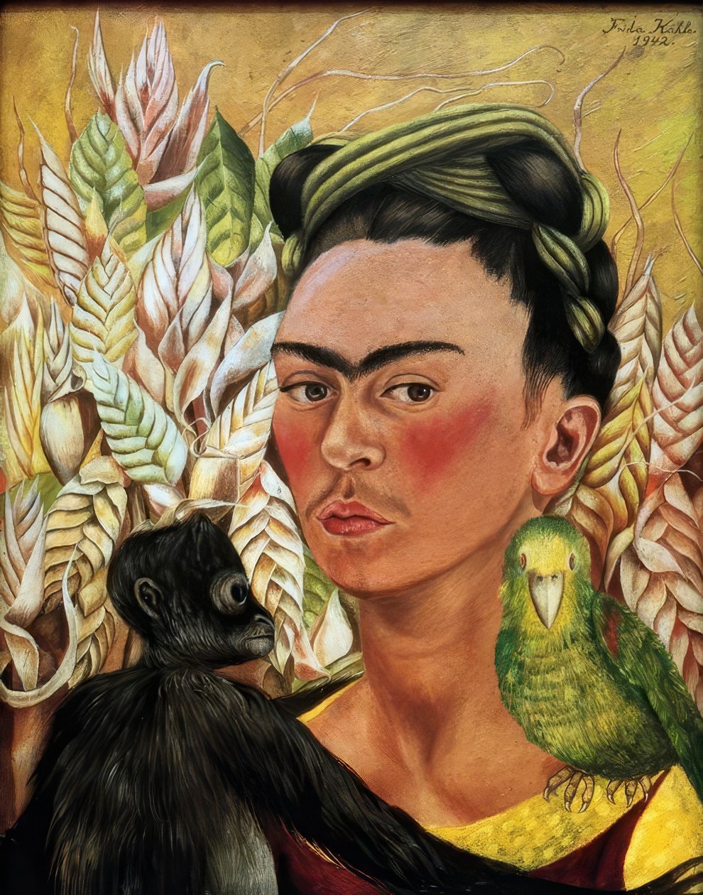 Selvportræt med abe og papegøje af Frida Kahlo