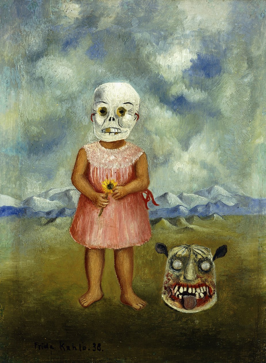 Hun spiller alene eller Pigen med dødsmasken; Ella Juega Sola eller Nina med Mascara de la Muerte af Frida Kahlo