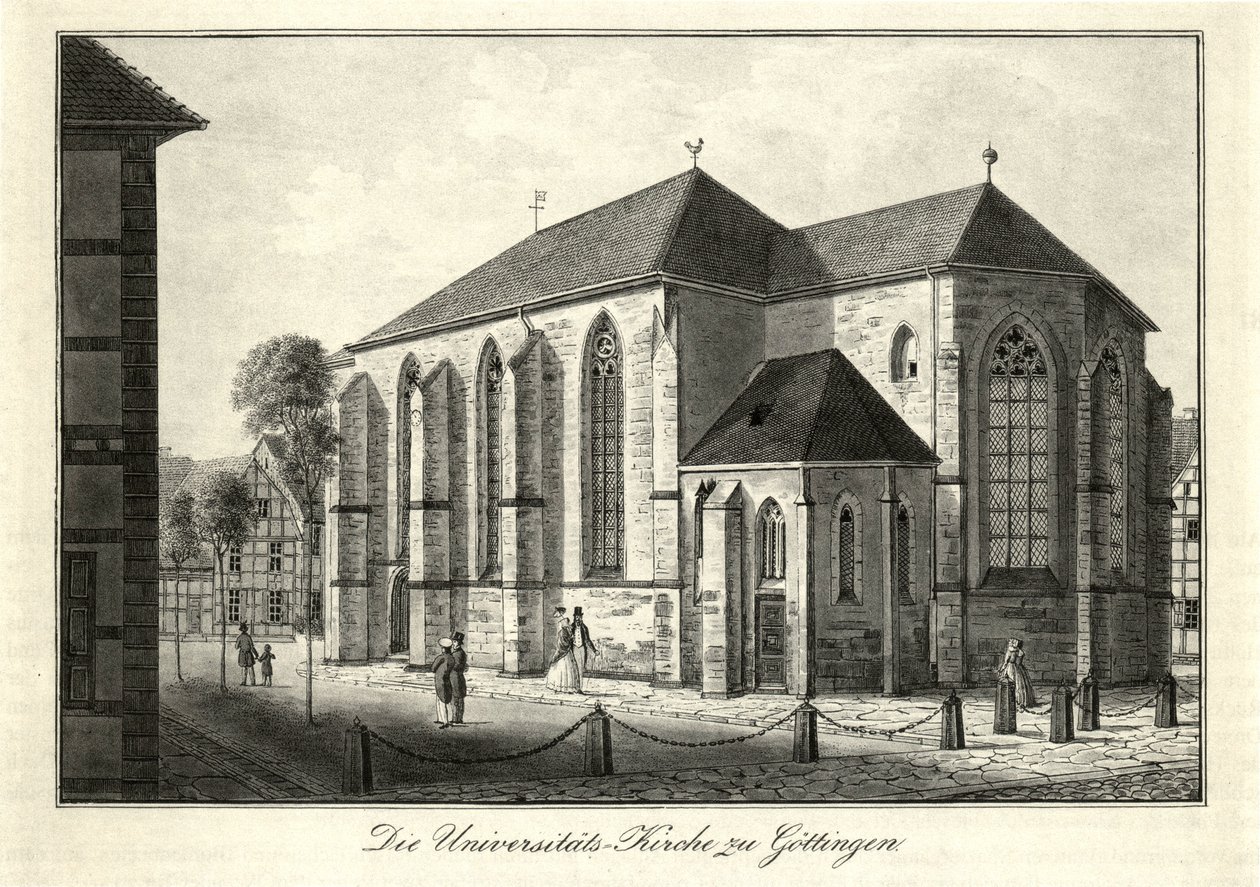 Udsigt over Niolaikirche og Nikolaikirchhof i Göttingen fra sydøst, brugt som universitetskirke siden 1822. af Friedrich Besemann