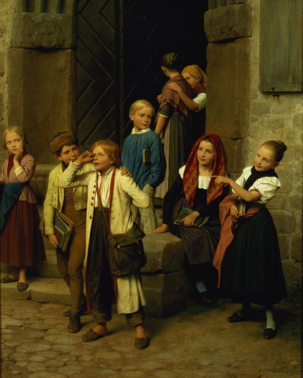 Skolebørn ser en dreng græde, 1861 af Friedrich Edouard Meyerheim