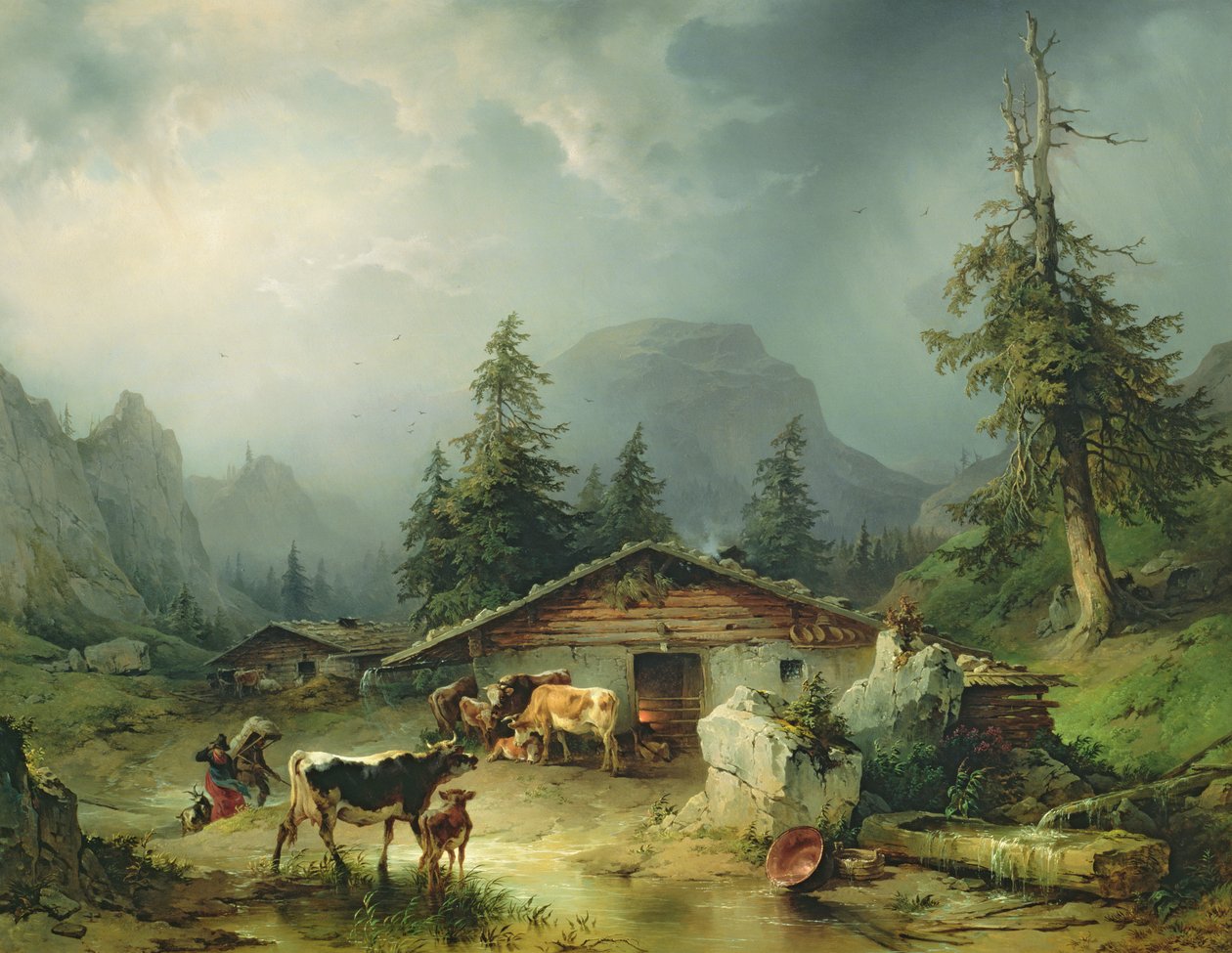 Alpehytte i regnvejr, 1850 af Friedrich Gauermann