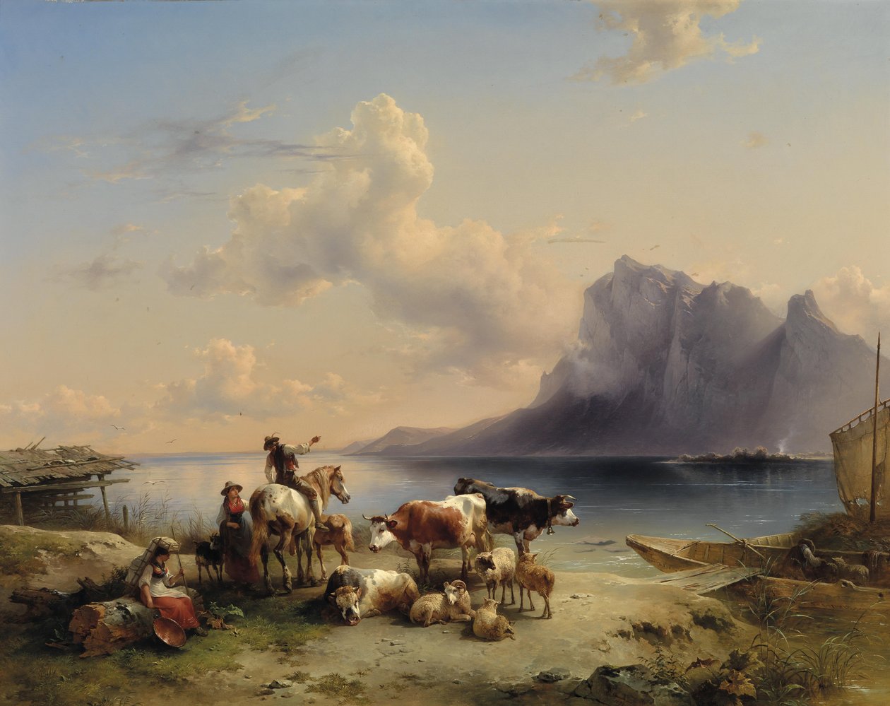Hyrder og kvæg ved Attersee af Friedrich Gauermann