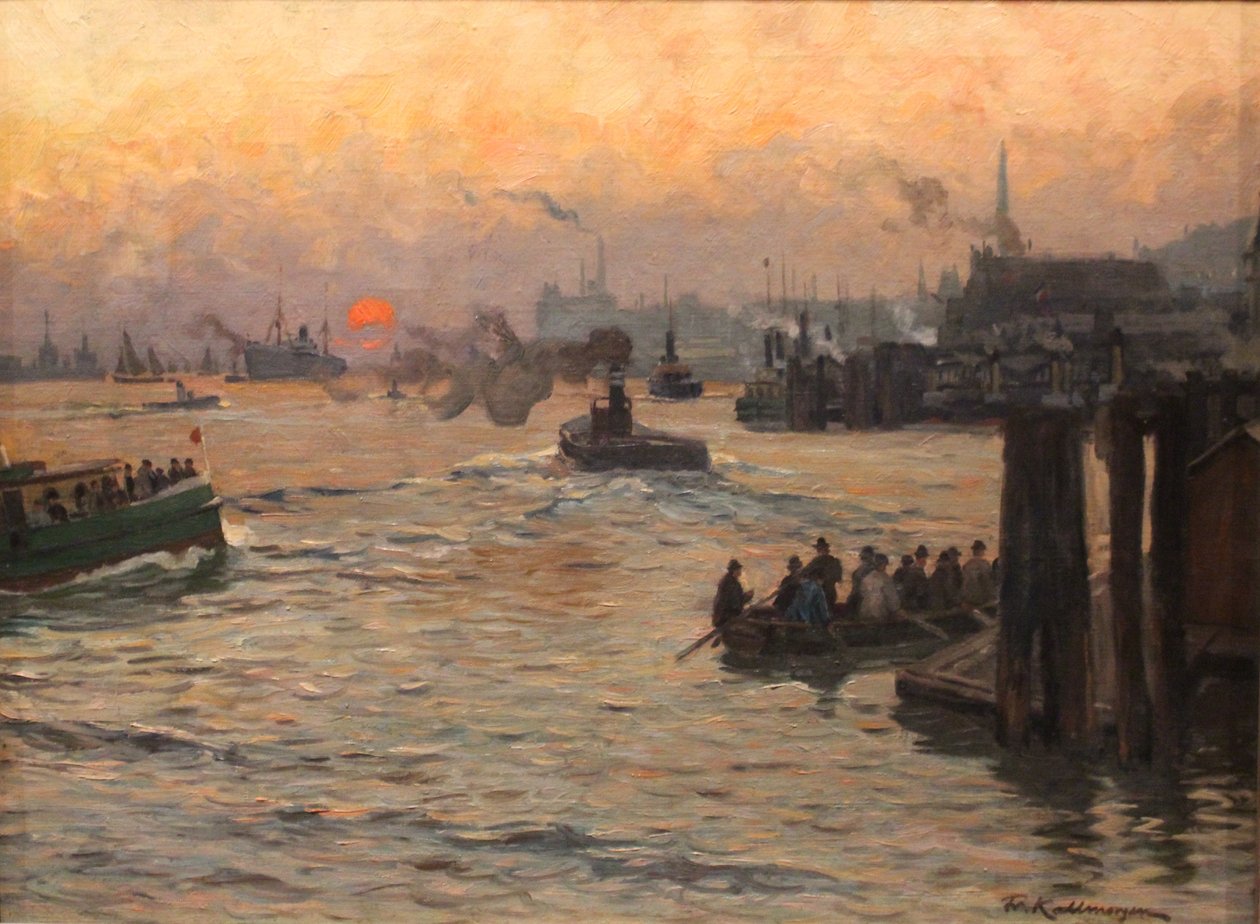 Hjemvendte værfts- og havnearbejdere i havnen i Hamborg om aftenen af Friedrich Kallmorgen