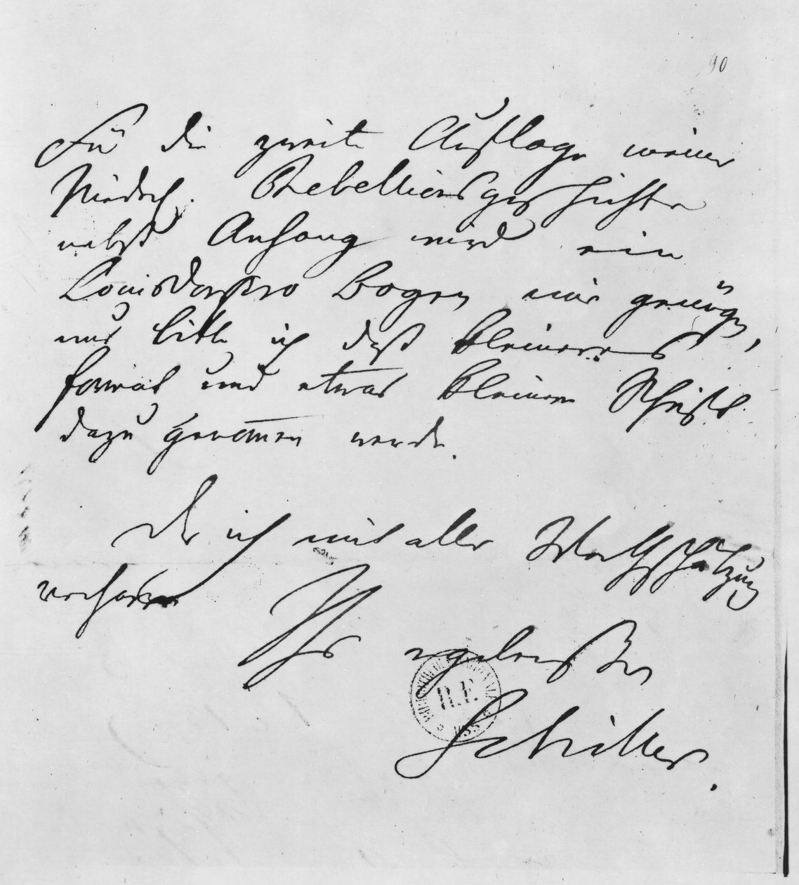 Side med tekst med hans signatur af Friedrich Schiller