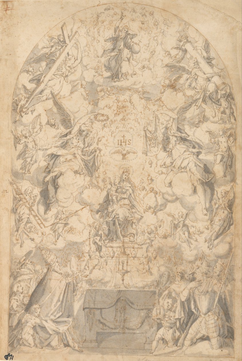 Madonna og barn med engle, der bærer lidenskabens symboler af Friedrich Sustris