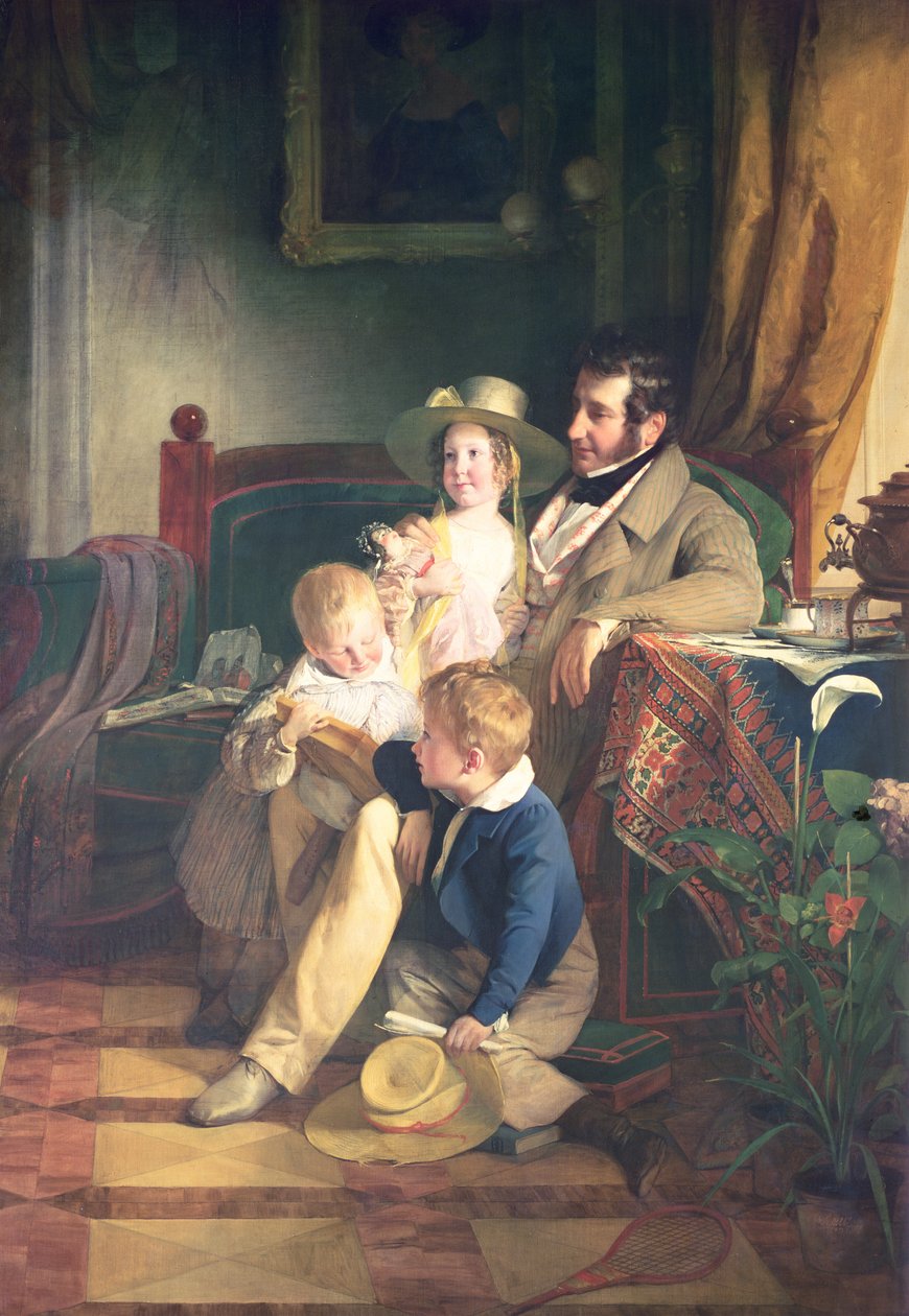 Rudolf von Arthaber (1795-1867) med sine børn Rudolf, Emilie og Gustav ser på portrættet af deres afdøde mor, 1837 af Friedrich von Amerling
