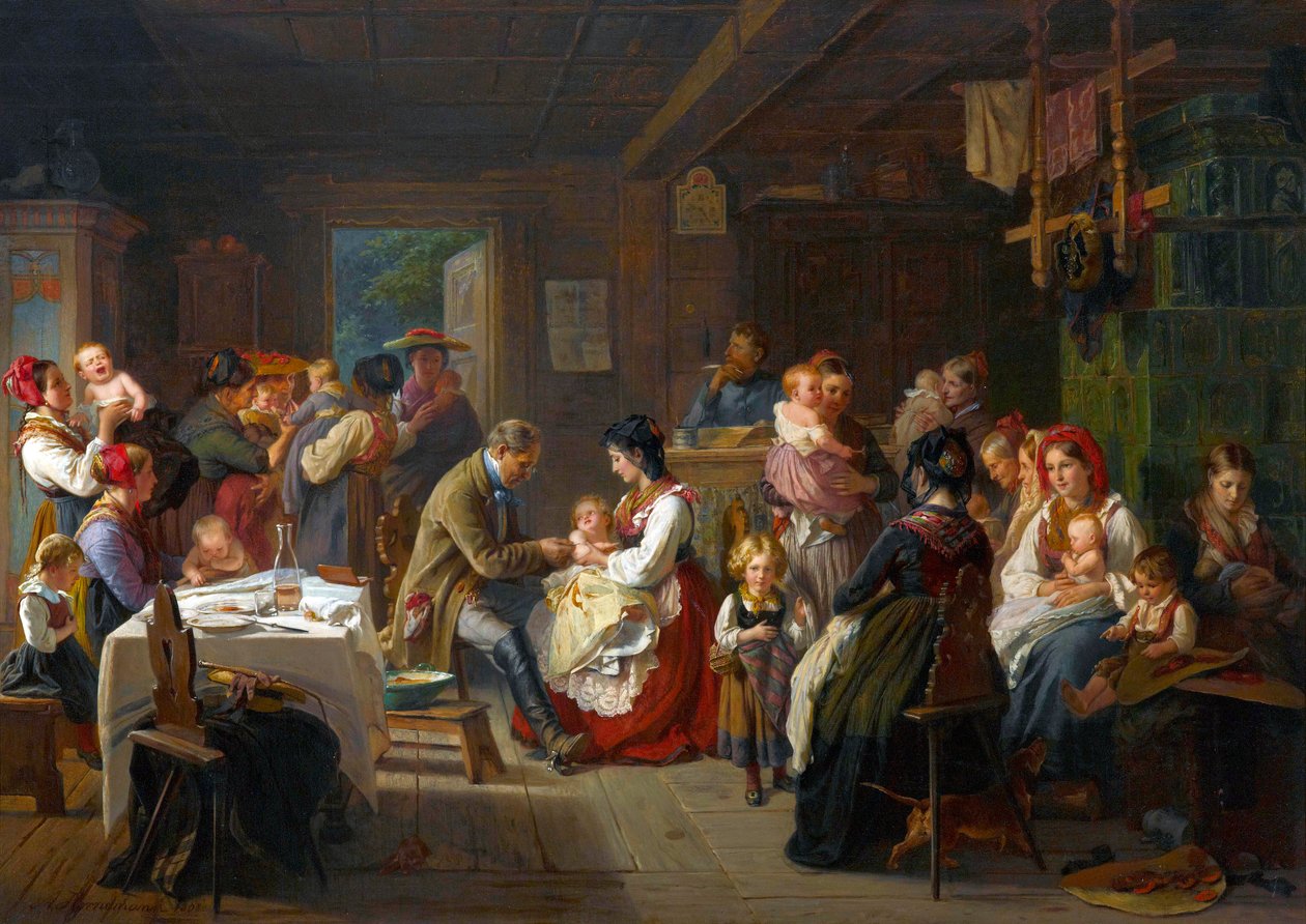 Vaccination contre la variole a la campagne - En vaccination mod kopper på landet - Friedrich Adolph Hornemann (1813-1890). Olie på lærred af Friedrich Adolph Hornemann