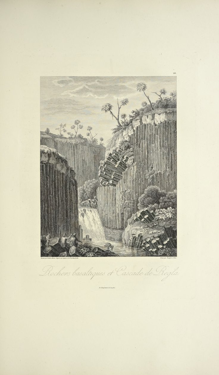 Basaltklipperne og Cascade de Regla, tegnet af Gmelin, graveret af Bouquet, illustration fra 