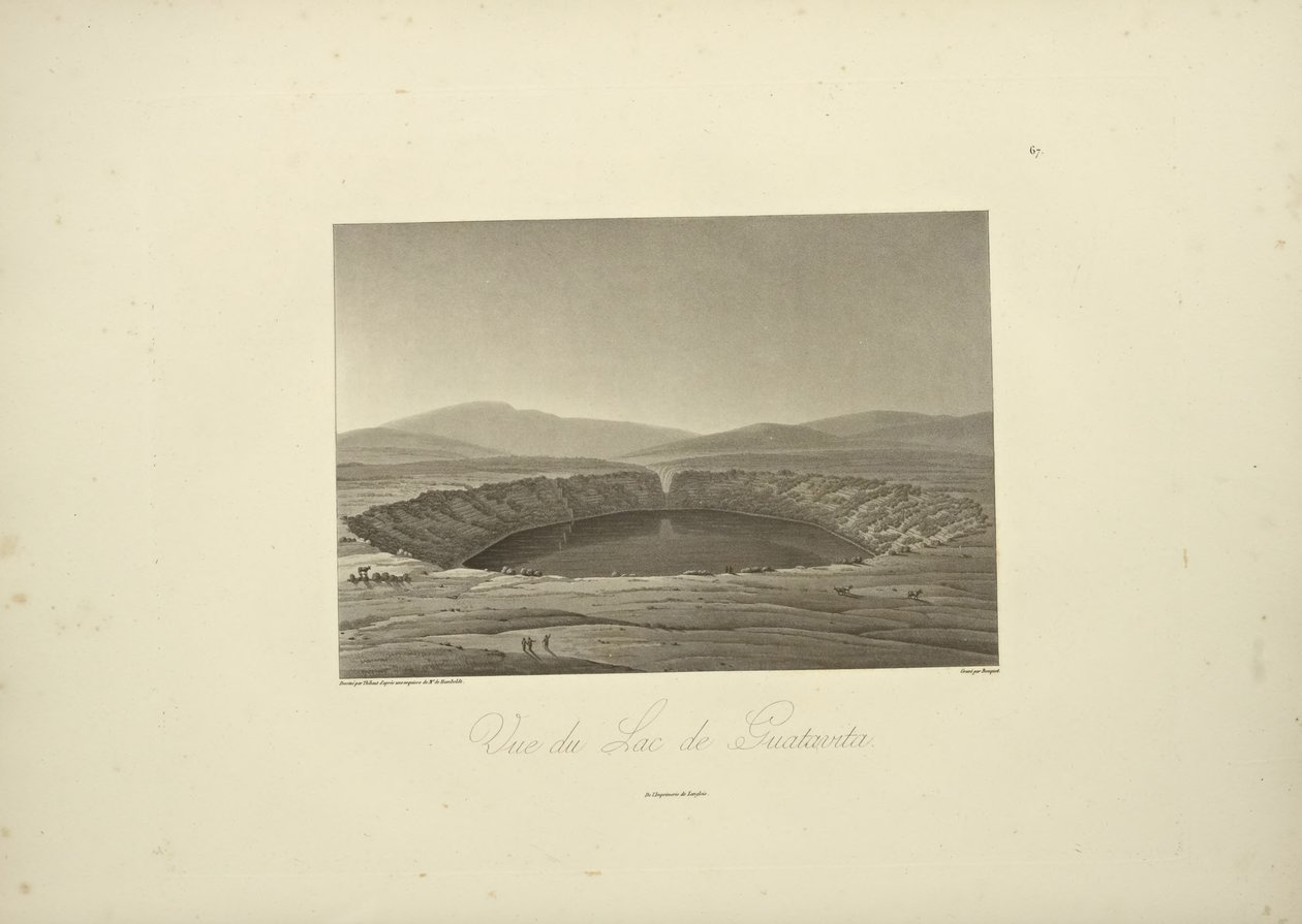 Udsigt over Guatavita-søen, tegnet af Thibaut, graveret af Bouquet, illustration fra 