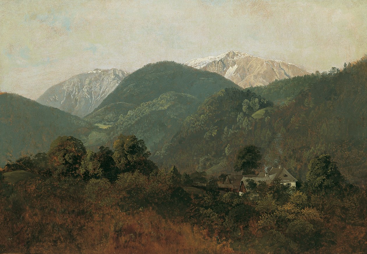 Udsigt fra Scheuchenstein til Gauermannhof med Schneeberg i baggrunden af Friedrich August Mathias Gauermann