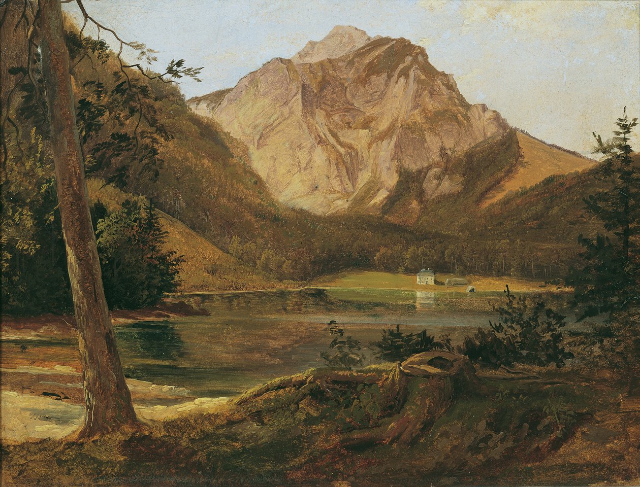 Den forreste Langbathsee med Höllengebirge af Friedrich August Mathias Gauermann