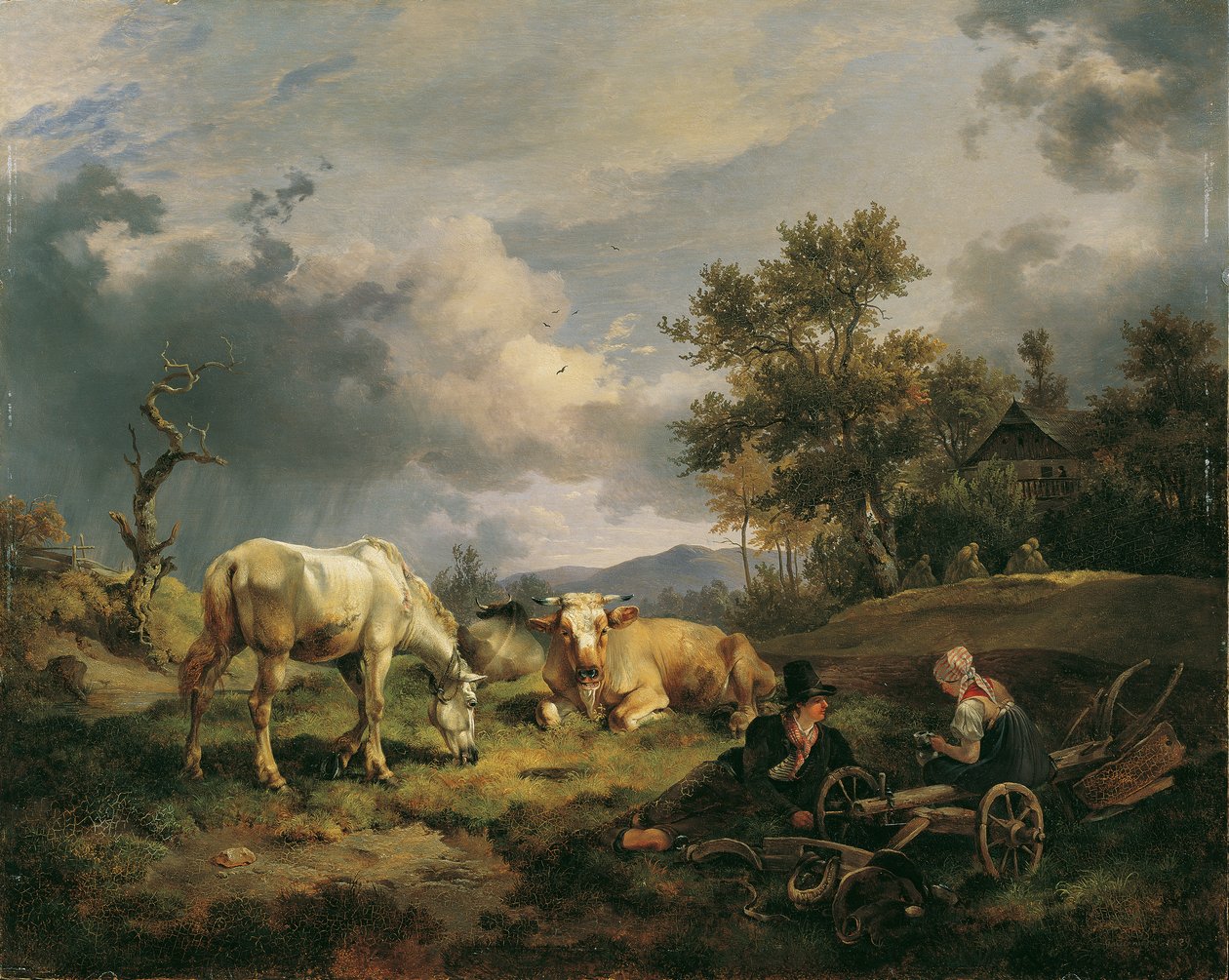 Ungt bondepar hviler på marken af Friedrich August Mathias Gauermann