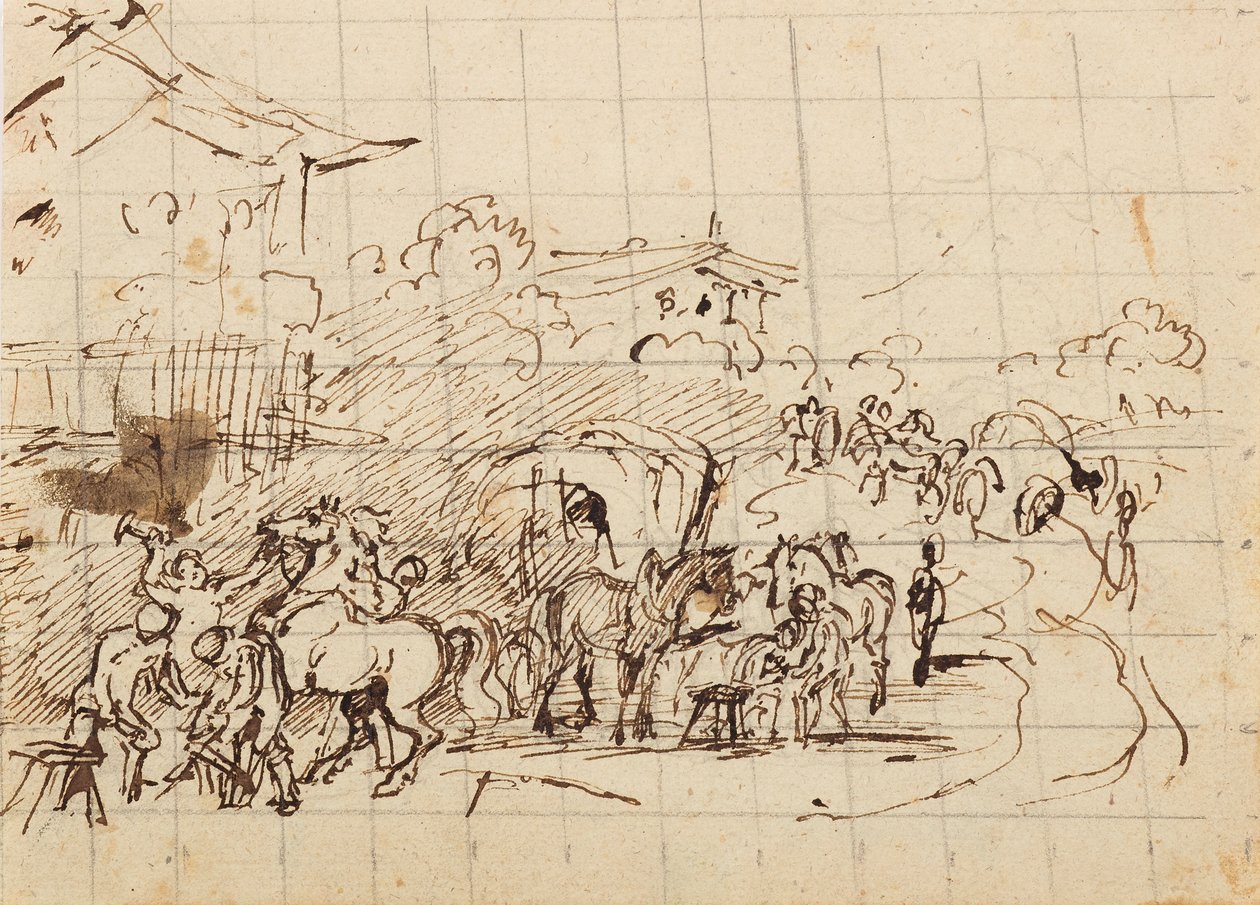 Heste foran en smedje af Friedrich August Mathias Gauermann
