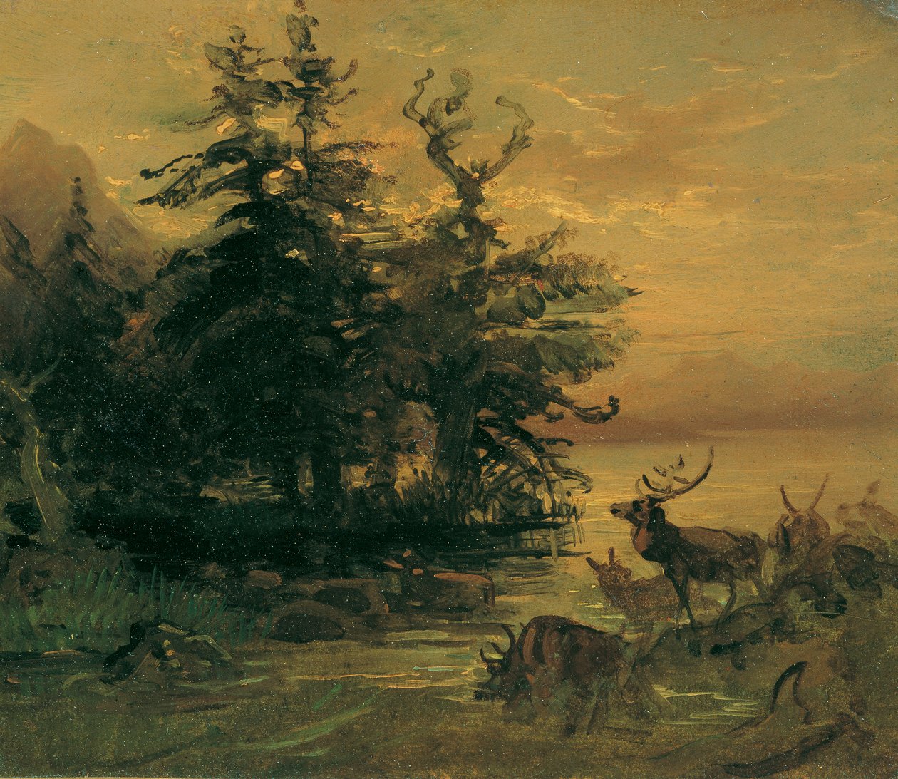 Vallende hjorte ved bredden af ​​en bjergsø af Friedrich August Mathias Gauermann