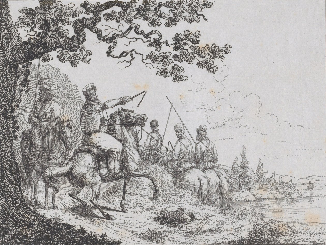 Kosakker rider langs en flodbred, 1814. af Friedrich August de La Belle
