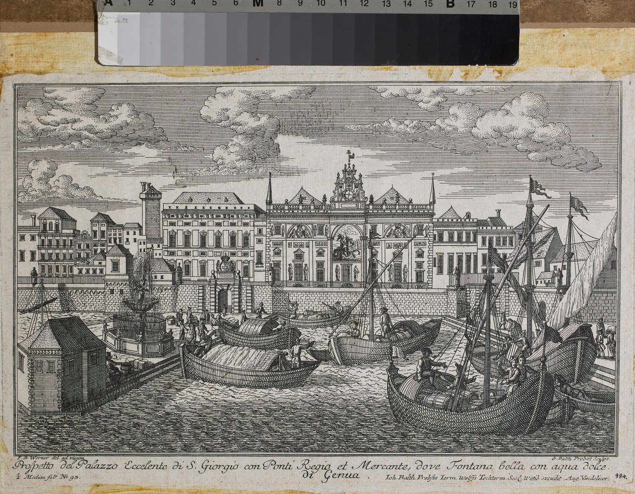 Plan over Genova, der viser Kongebroen, Mercanzias Nye Bro og St. George-paladset set fra havet, ca. 1750 (gravering) af Friedrich Bernhard Werner