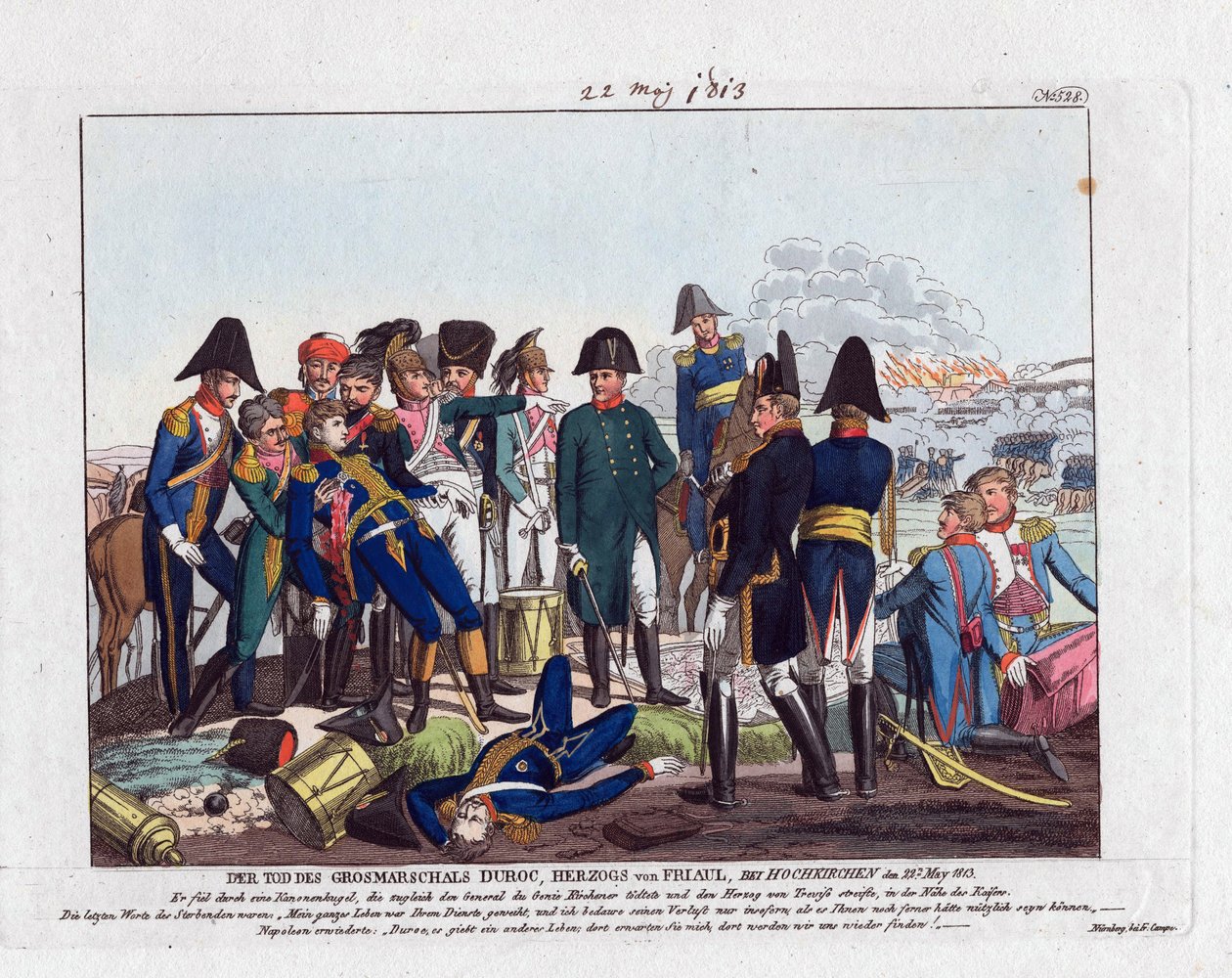 Marshal Durocs død i Hochkirchen den 22. maj 1813 (bataille de Bautzen ou Wurschen) - Campe, August Friedrich Andreas (1777-1846) - Radering, akvarel - 24x28,5 - Privat samling af Friedrich Campe