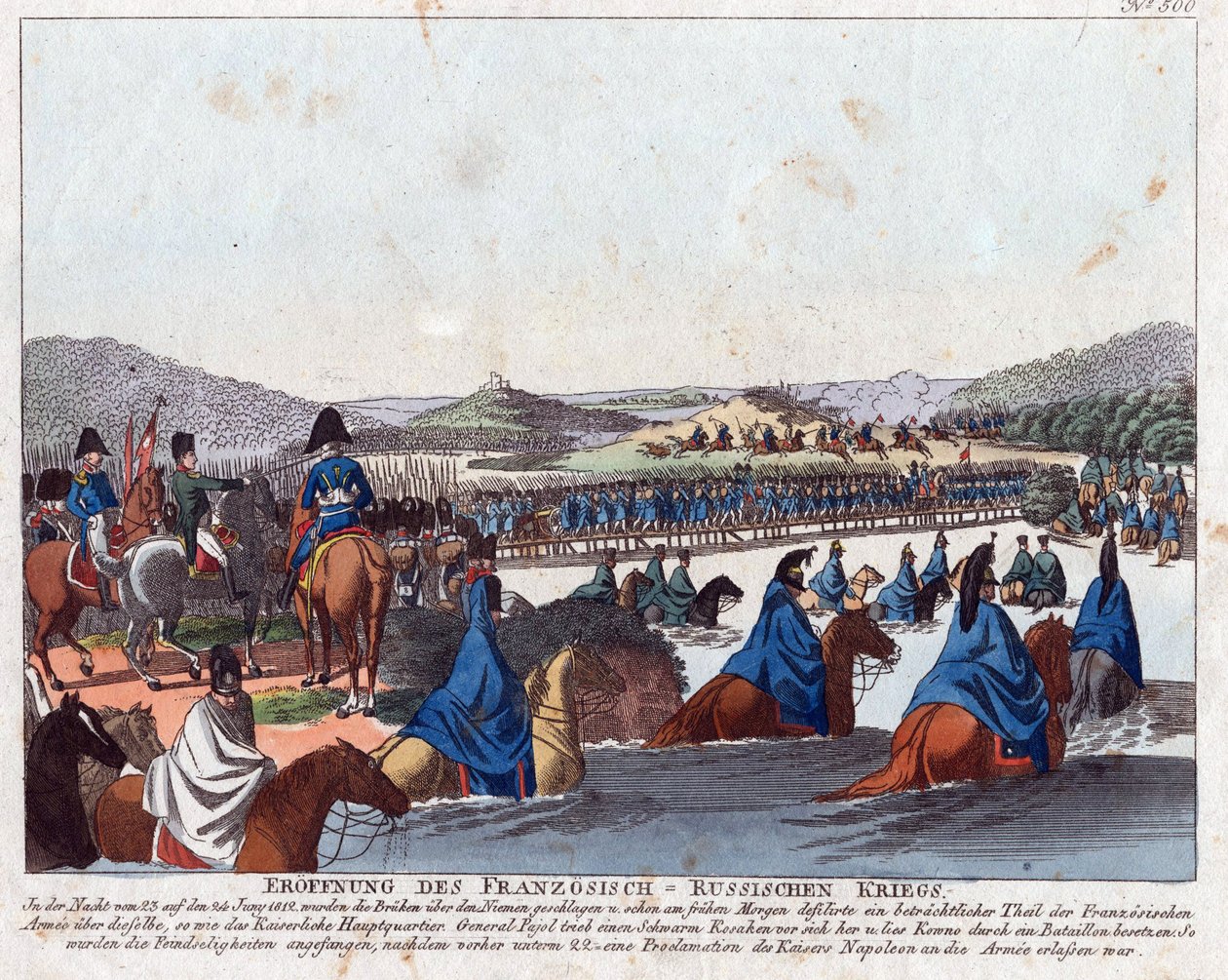 Starten på den franske invasion af Rusland - Campe, August Friedrich Andreas (1777-1846) - Radering, akvarel - 20,5x26,2 - Privat samling af Friedrich Campe