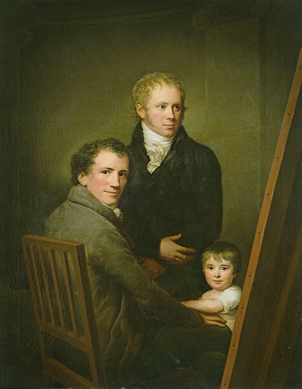 Selvportræt med Plejedatteren Lina Groger og maleren Heinrich Jakob Aldenrath, ca. 1801-15 af Friedrich Carl Groger