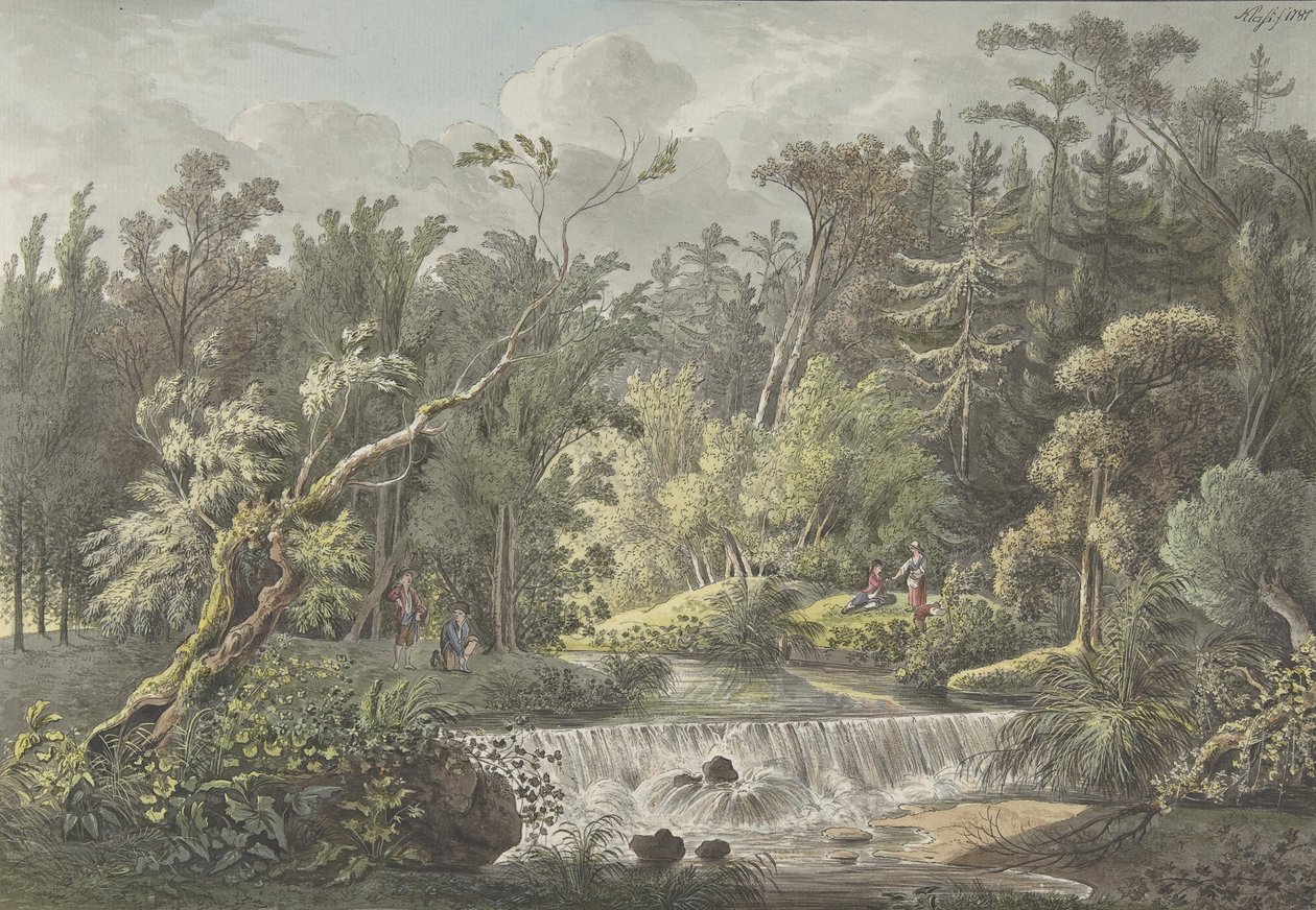 Landskab med vandfald, slutningen af det 18.-begyndelsen af det 19. århundrede. af Friedrich Christian Klass