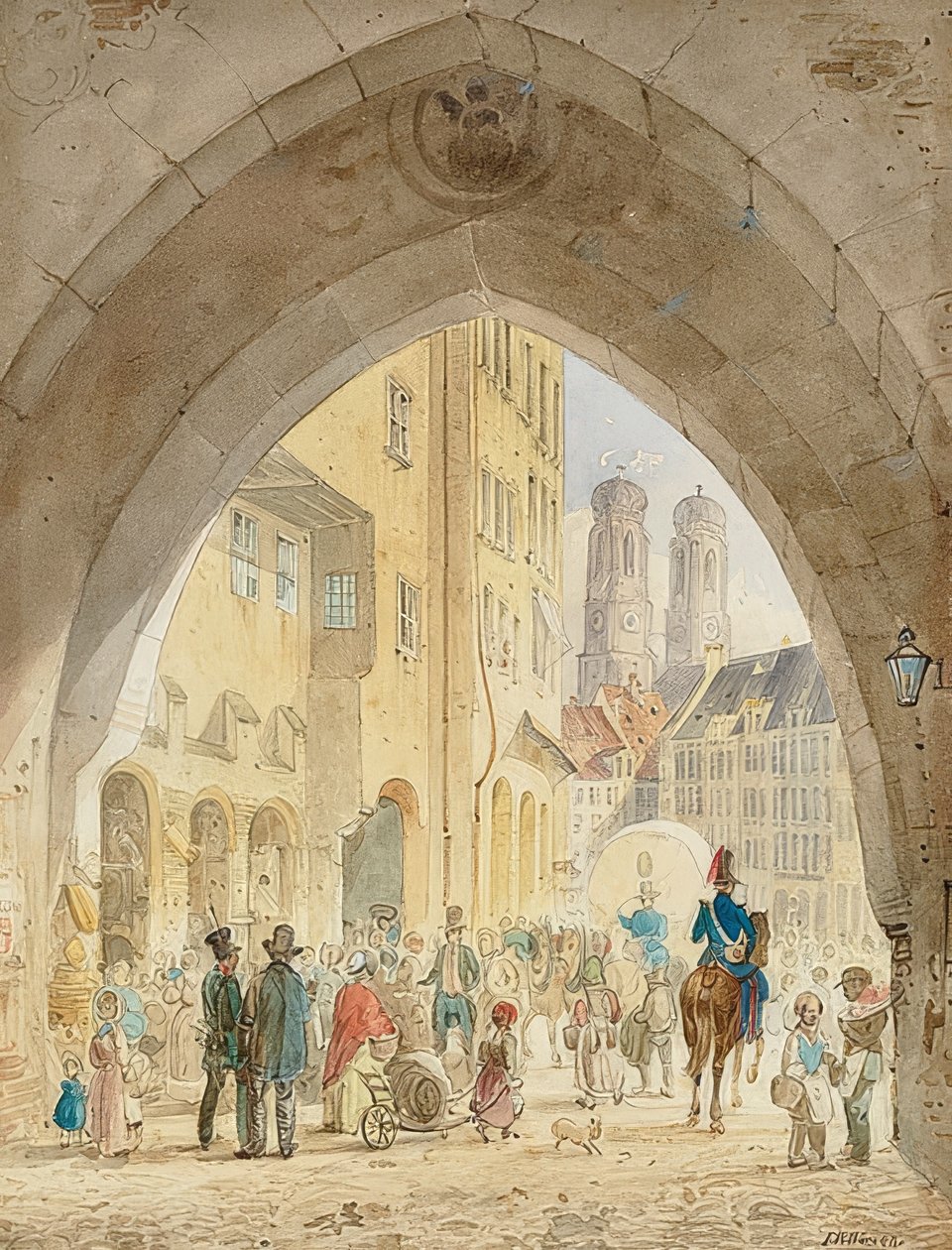 München - Udsigt fra det gamle rådhus til Frauenkirches tårne. 1849 af Friedrich Eibner
