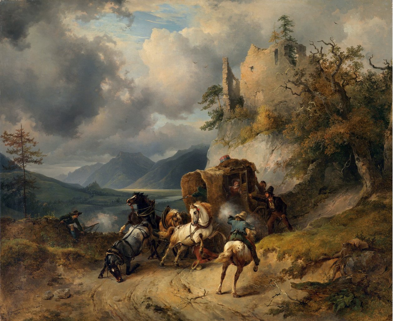 Røveriet af Gauermann, Friedrich August Matthias (1807-1862). Olie på lærred, størrelse: 60,5x74 af Friedrich Gauermann
