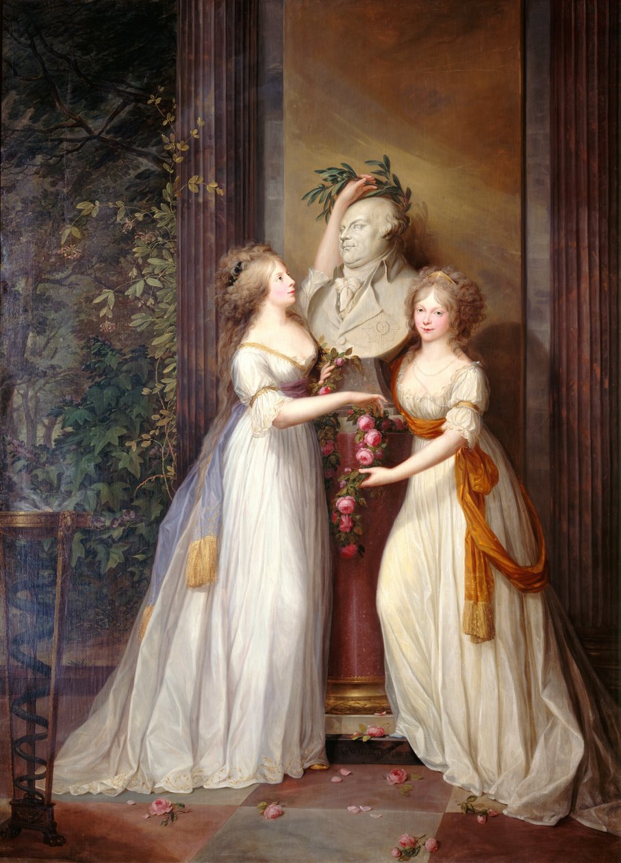 Prinsesserne Louise og Frederica af Preussen kroner busten af Frederik Vilhelm II, 1795. af Friedrich Georg Weitsch