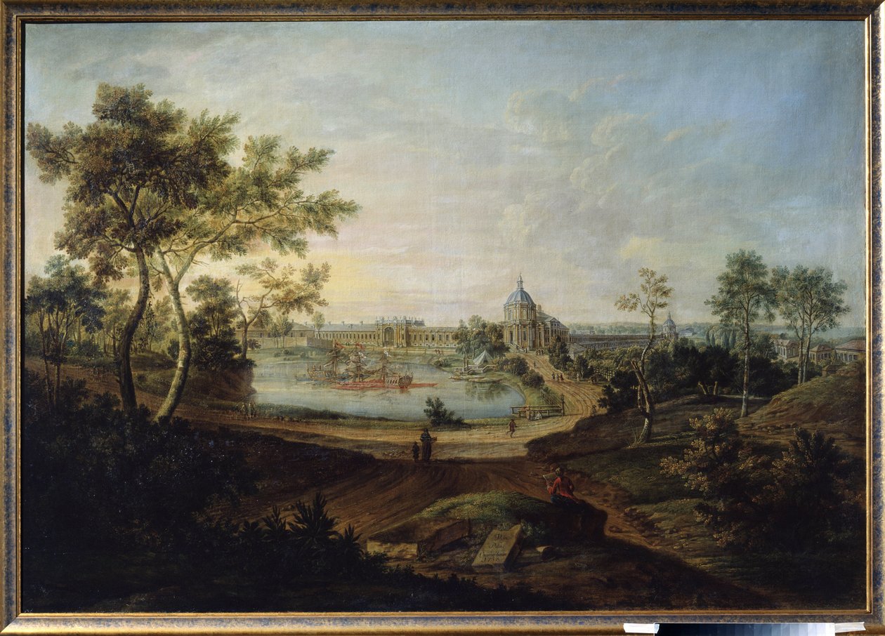 ""Udsigt over det kongelige palads i Oranienbaum, nuværende Lomonossov i Rusland"" (Udsigt over det store palads i Oranienbaum) Bygget af arkitekt Antonio Rinaldi til kejserinde Catherine II den Store. Maleri af Friedrich Hartmann Barisien (1724-1796) 1758 af Friedrich Hartmann Barisien