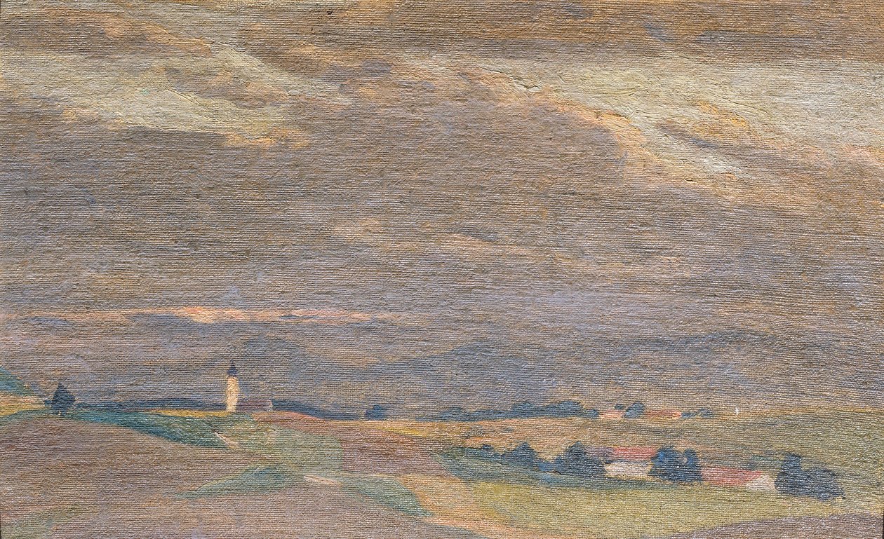 Aftenlandskab med kirketårn af Friedrich Hasslwander