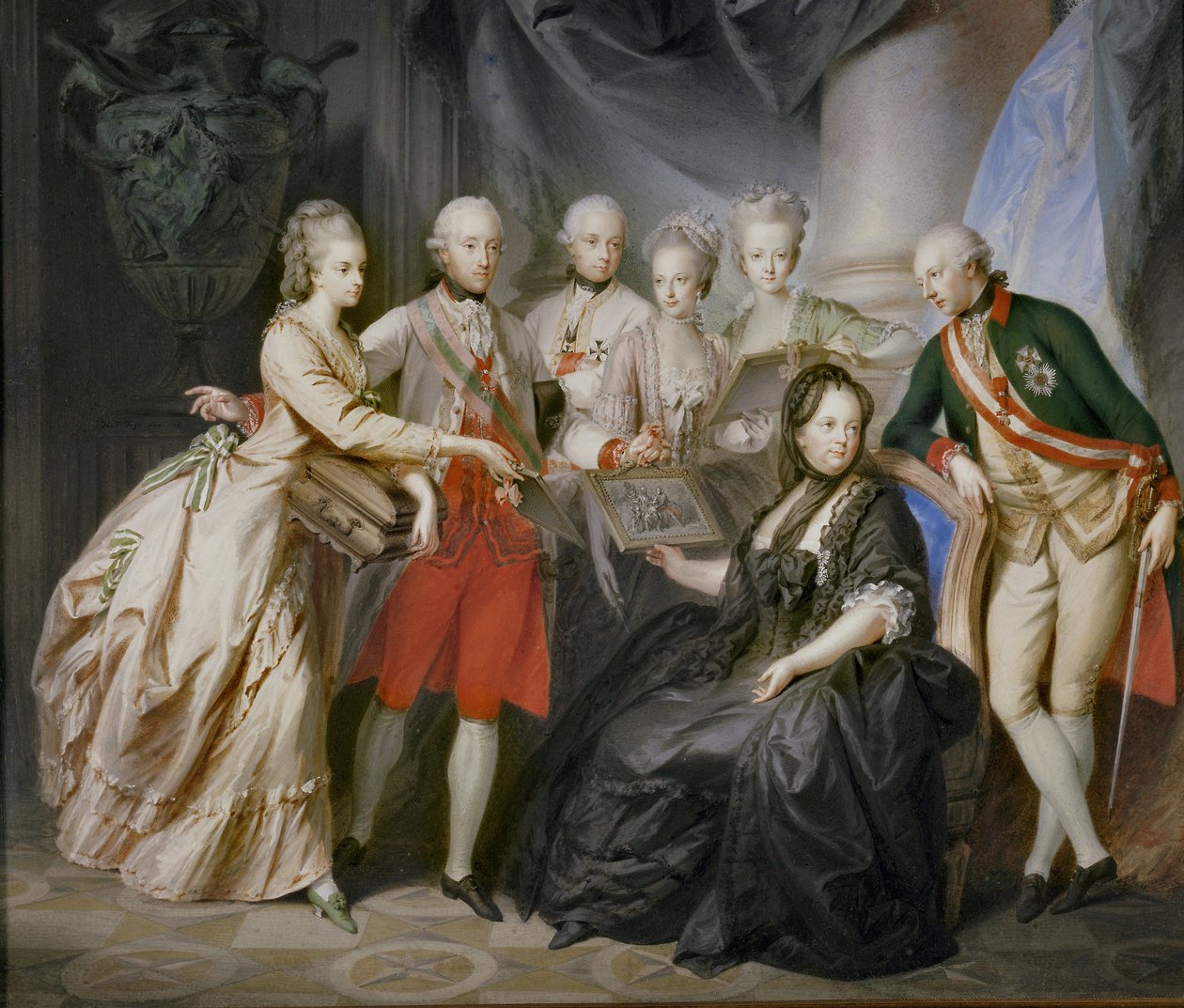 Kejserinde Maria Theresia omgivet af sine børn i enkesæde efter sin mands, kejser Franz Stephans, død ... (maleri på lærred) af Friedrich Heinrich Fuger