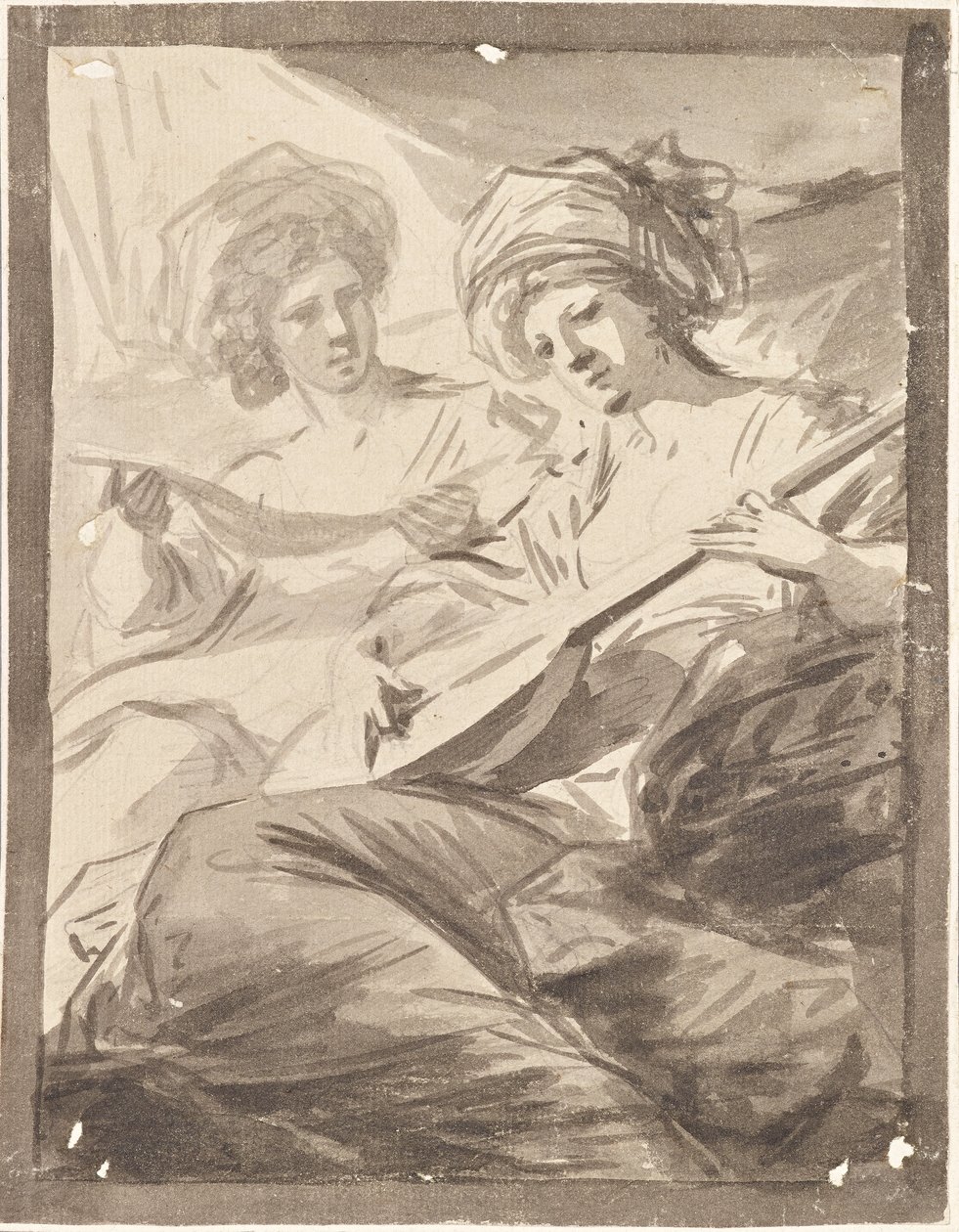 To kvinder med mandolin (studie til dobbeltportræt af søstrene Victoire og Sophie von Fries?) af Friedrich Heinrich Fuger