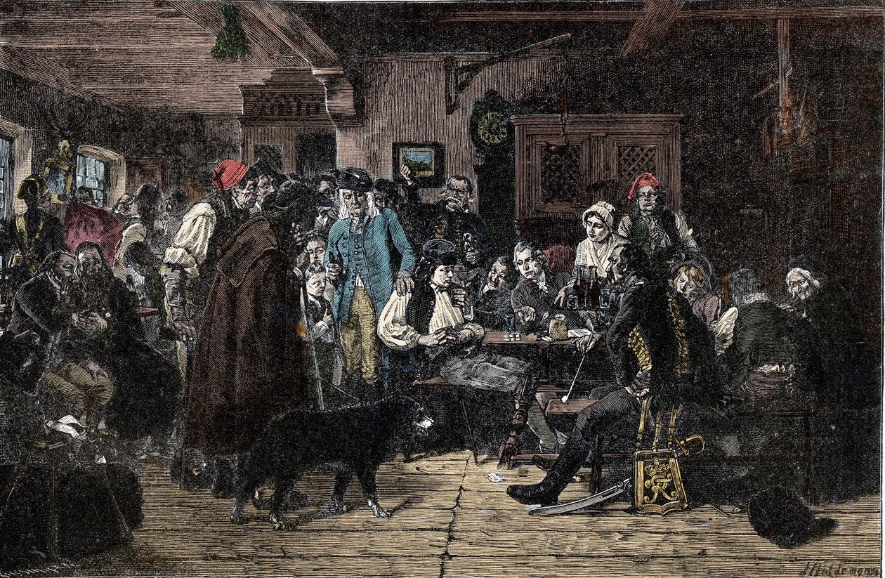 Schlesiens krig: Rekruttering til den schlesiske hær - Schlesien-krigene (1740-1763): Rekruttering af tropperne fra Frederik II af Preussen, kendt som den Store (1712-1786) - 1882 - Træsnit af Hiddemann, Friedrich (1829-1892) af Friedrich Hiddemann