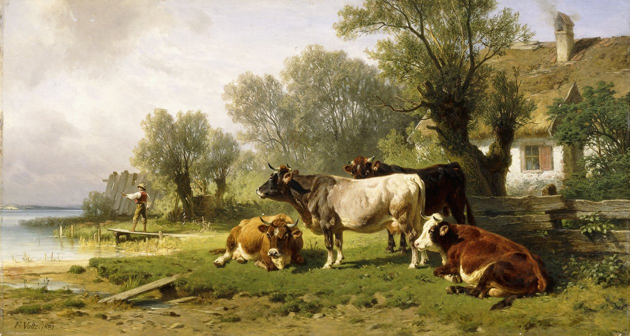 Kvæg i en bondegård langs en flod med en fisker hinsides, 1881 af Friedrich Johann Voltz