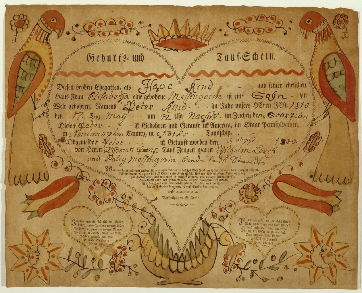 Fødsels- og dåbsattest, ca. 1790-1800 (tusch, akvarel og gravering på bindet papir) af Friedrich Krebs