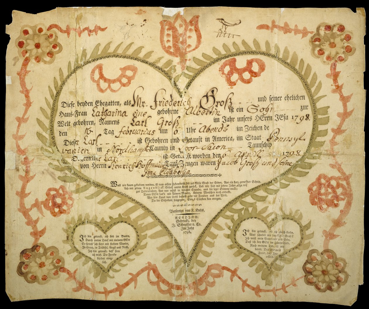 Fødsels- og dåbsattest, ca. 1800 (oxgall blæk, akvarel og gravering på lagt papir) af Friedrich Krebs