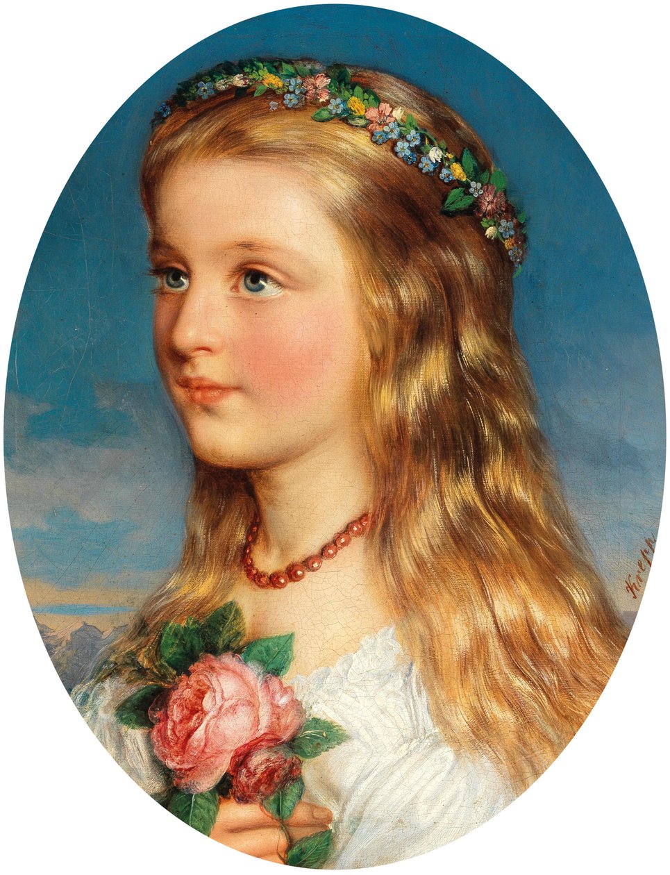 Friedrich Krepp Portræt af en pige med en krans af blomster og roser af Friedrich Krepp