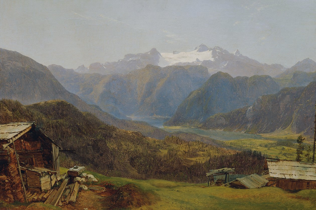 Udsigt over Hallstatt-søen og Dachstein fra Hütteneckalm af Friedrich Loos