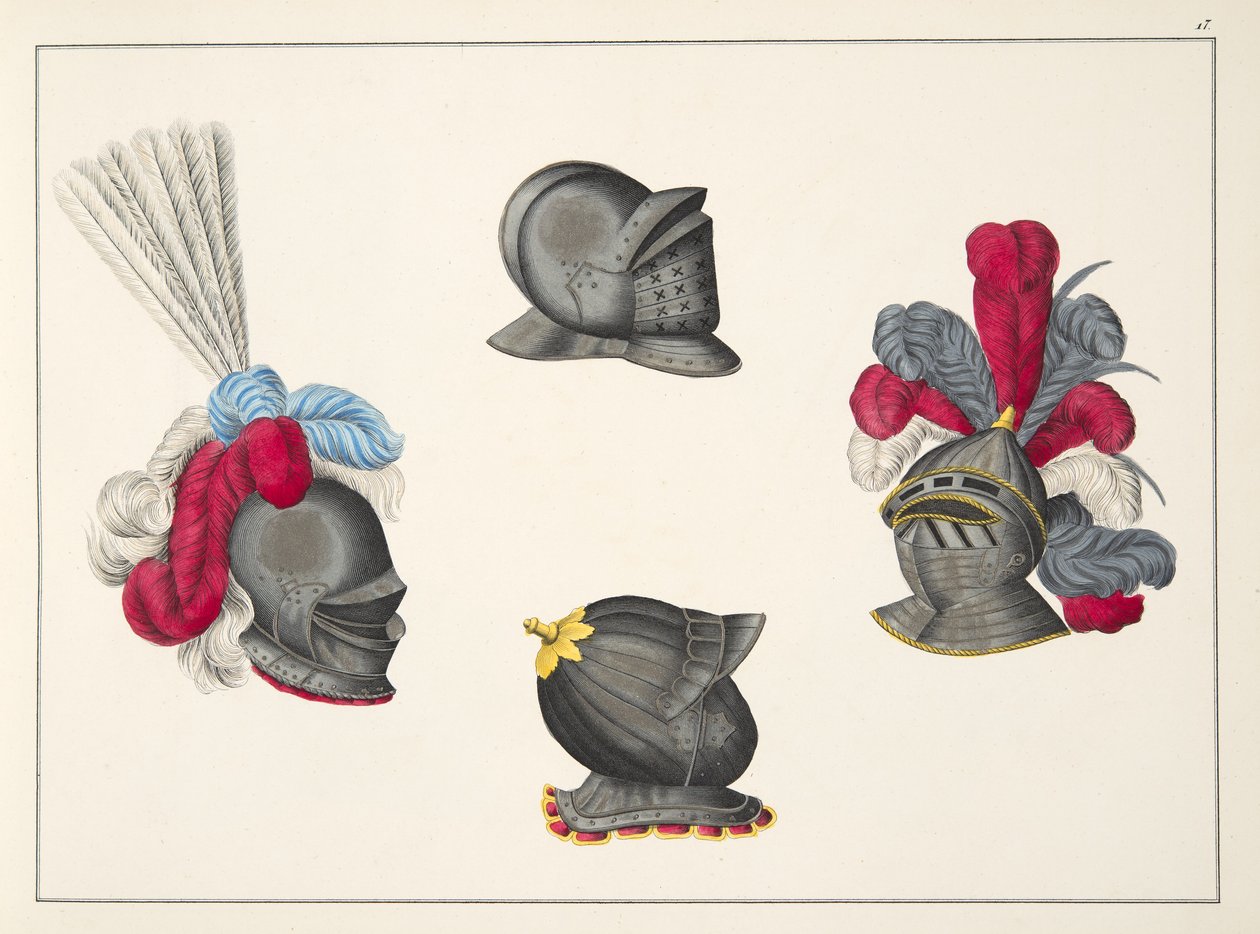 Hjelme, plade fra "A History of the Development and Customs of Chivalry", af Dr. Franz Kottenkamp, udgivet af Carl Hoffmann, 1842 af Friedrich Martin von Reibisch