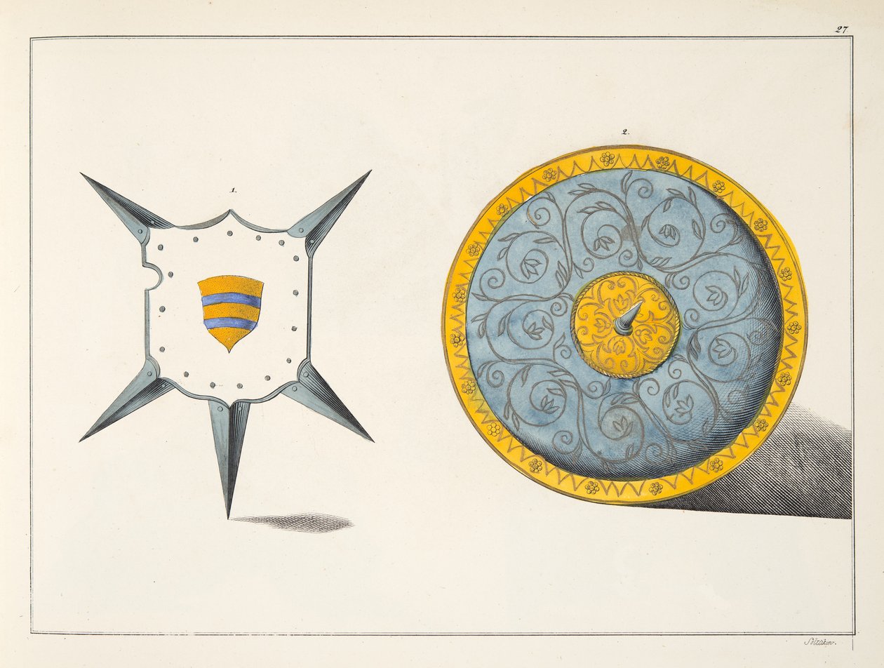 Skjolde, plade fra "A History of the Development and Customs of Chivalry", af Dr. Franz Kottenkamp, udgivet af Carl Hoffmann, 1842 af Friedrich Martin von Reibisch