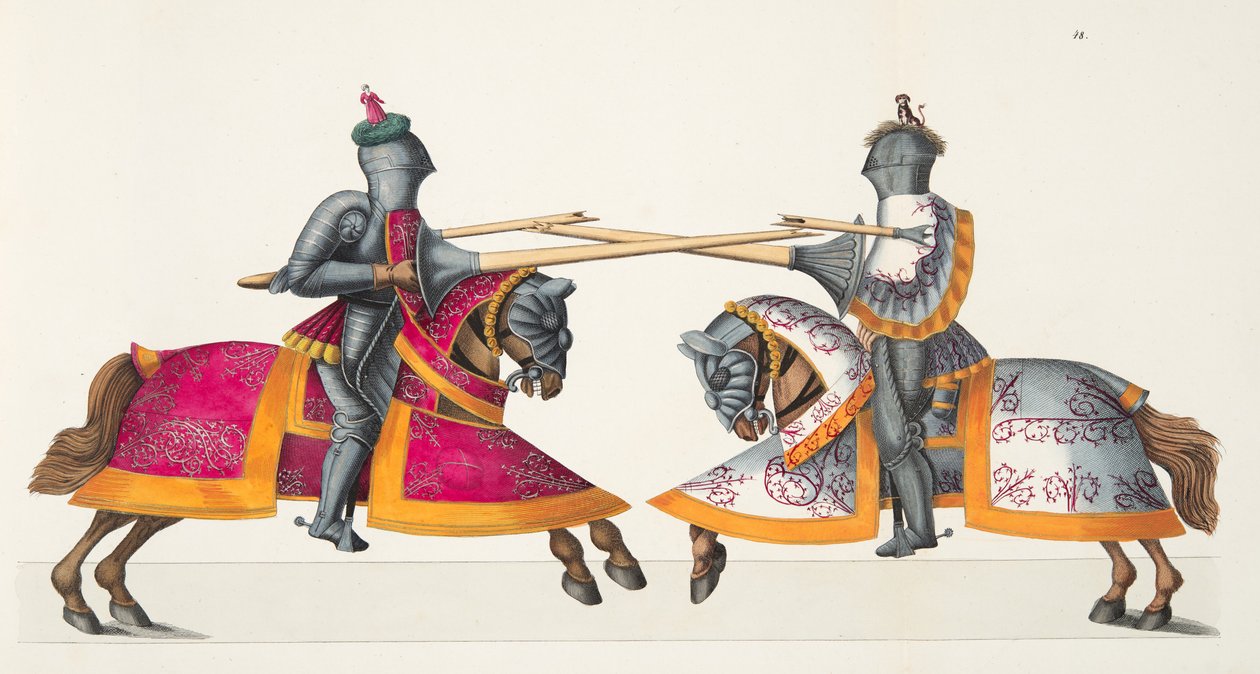 To riddere i en turnering, planche fra "A History of the Development and Customs of Chivalry", af Dr. Franz Kottenkamp, udgivet af Carl Hoffmann, 1842 af Friedrich Martin von Reibisch