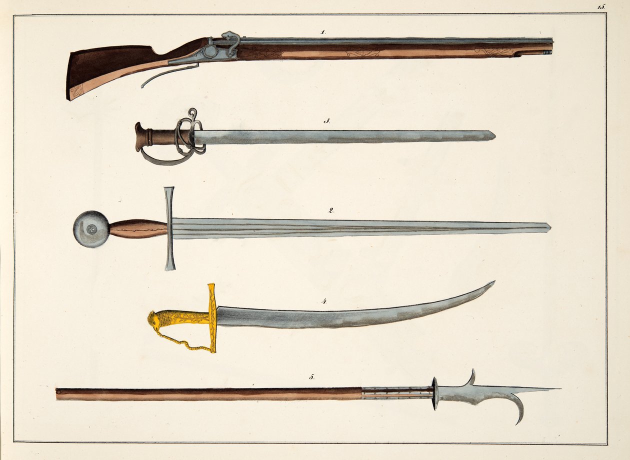Våben inklusive sværd og spyd, ca. 1400, plade fra A History of the Development and Customs of Chivalry, af Dr. Franz Kottenkamp, udgivet af Carl Hoffmann, 1842 af Friedrich Martin von Reibisch